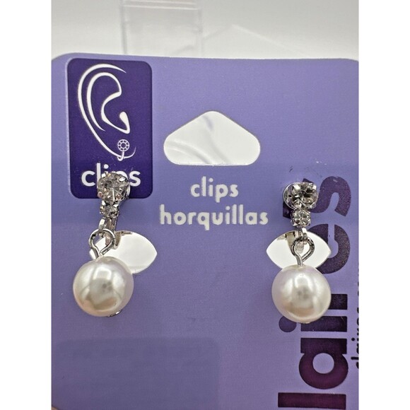 Claire’s Clip-On Faux Pearl Drop Earrings Vintage Style Rhinestone Accent New Ca - Picture 3 of 4